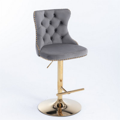 Bar Chair (2PCS), Bar Stool with Backrest, Electroplated Gold Chair Legs, up to 136 kg Load-bearing, Velvet, Grey