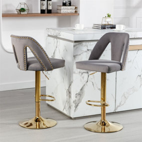 Bar Chair (2PCS), Bar Stool with Hollow Backrest Design, Electroplated Gold Chair Legs, Grey
