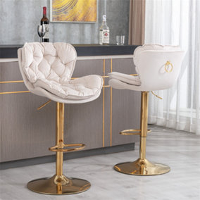 Bar Chair (2PCS), Bar Stool with Rolling Edge Backrest, Electroplated Gold Chair Legs, Beige