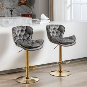 Bar Chair (2PCS), Bar Stool with Rolling Edge Backrest, Electroplated Gold Chair Legs, Grey