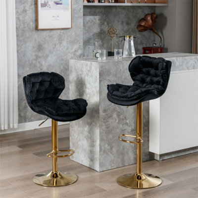 Bar Chair (2PCS), Bar Stool with Rolling Edge Backrest, Electroplated Gold Chair Legs, Seat Height 66cm -86 cm, Black