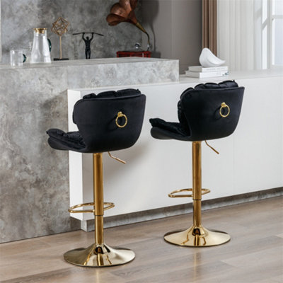 Bar Chair (2PCS), Bar Stool with Rolling Edge Backrest, Electroplated Gold Chair Legs, Seat Height 66cm -86 cm, Black