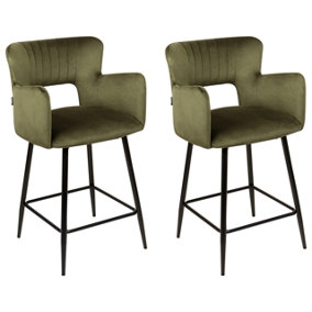 Bar Chair Set of 2 Velvet Olive Green SANILAC