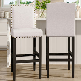 Bar Stool Set of 2 Beige Linen Upholstered Kitchen Counter Bar Stools with Rubberwood Legs