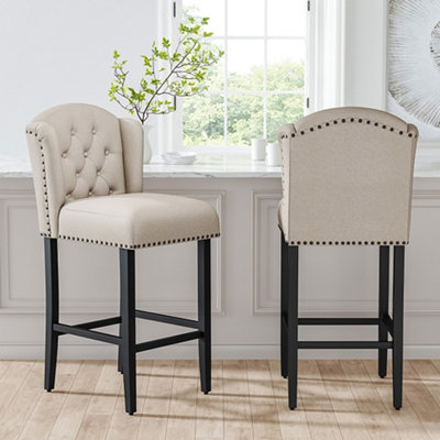 Bar Stool Set of 2 Beige Linen Upholstered Wooden Bar Stools with Black Trim Studed and Footrest