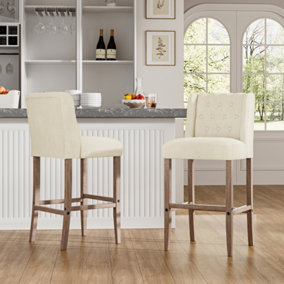 Bar Stool Set of 2 Beige Upholstered Bar Stool Chairs with Rubberwood Legs
