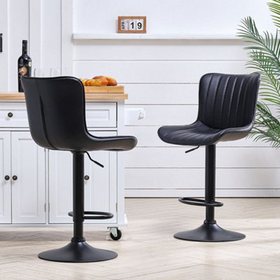 Bar Stool Set of 2 Gas Lift Black Faux Leather Bar Stools