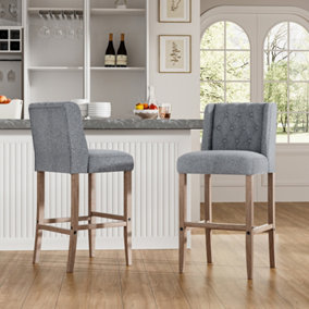 Bar Stool Set of 2 Grey Linen Upholstered Bar Stools Chairs with Rubberwood Legs