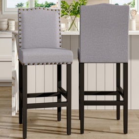 Bar Stool Set of 2 Grey Linen Upholstered Kitchen Counter Bar Stools with Rubberwood Legs