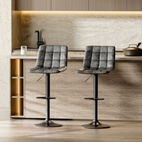 Bar Stool Set of 2 Grey PU Leather Upholstered Gas Lift Swivel Bar Stools