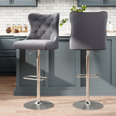 Bar Stool Set of 2 Grey Velvet Upholstered Adjustable Bar Stool with Button Seat Back