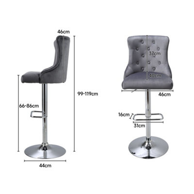 Bar Stool Set of 2 Grey Velvet Upholstered Adjustable Bar Stool with Button Seat Back