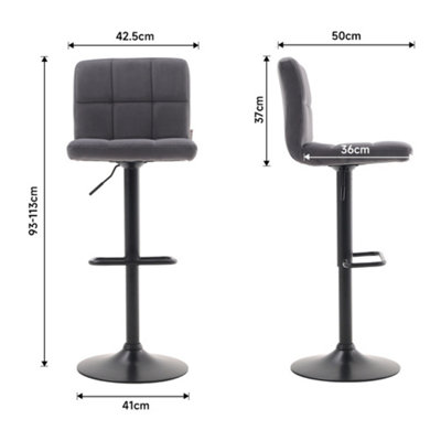Bar Stool Set of 2 Grey Velvet Upholstered Bar Stools with Low Backrest