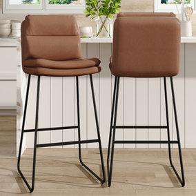 Bar Stool Set of 2 Modern Brown Faux Leather Upholstered Breakfast Bar Stools with Footrest