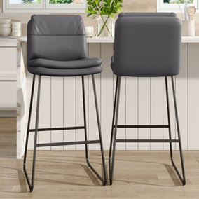Bar Stool Set of 2 Modern Grey Faux Leather Upholstered Breakfast Bar Stools with Footrest