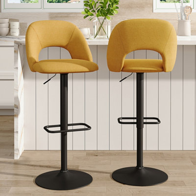 Bar Stool Set of 2 Yellow Linen Counter Swivel Height Breakfast Bar Stools with Footrest