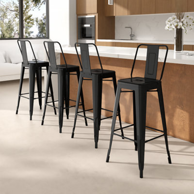 Bar Stool Set of 4 Black Metal Frame Industrial Style High Chair Bar Stools