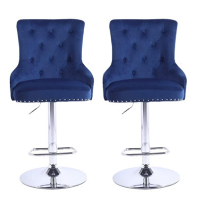 Bar Stools Set of 2 - Adjustable Swivel Sapphire Blue Velvet Seat Chromed Steel Frame Footrest Base Breakfast Bar Stools with Back