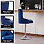 Bar Stools Set of 2 - Adjustable Swivel Sapphire Blue Velvet Seat Chromed Steel Frame Footrest Base Breakfast Bar Stools with Back