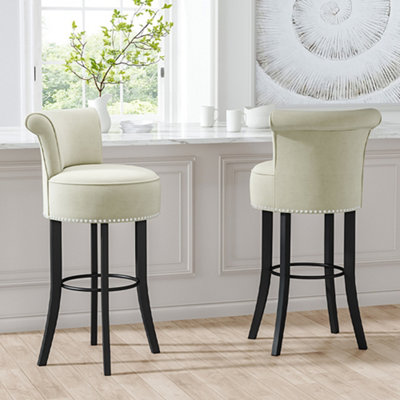 Bar Stools Set of 2 Beige Velvet Upholstered Low Back Bar Stools with Studded Trim