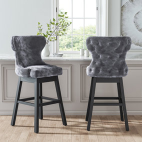 Bar Stools Set of 2 Dark Grey Modern Velvet Upholstered Swivel Seat Bar Stools
