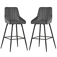 Bar Stools Set of 2 Grey Velvet- 23.6'' Seat height, Black Steel Frame, Backrest, Footrest Base - Stylish Breakfast Bar Chairs