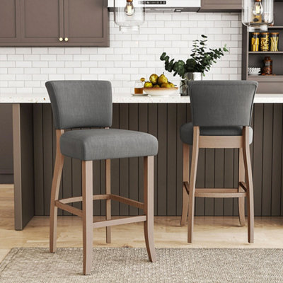 Bar Stools Set of 2 Light Grey Modern Linen Bar Stools with Wood Legs
