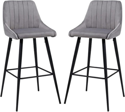 Bar Stools Set of 2 Light Grey Velvet - 23.6'' height, Black Steel ...
