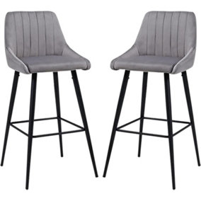 Bar Stools Set of 2 Light Grey Velvet - 23.6'' height, Black Steel Frame, Backrest, Footrest Base - Stylish Breakfast Bar Chairs