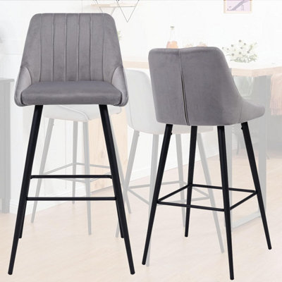 Bar Stools Set of 2 Light Grey Velvet - 23.6'' height, Black Steel ...