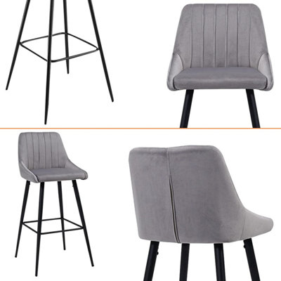 Bar Stools Set of 2 Light Grey Velvet - 23.6'' height, Black Steel ...