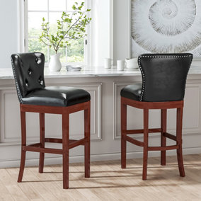 Bar Stools Set of 2 Tufted Faux Gloss Leather Upholstered Bar Stools with Wooden Legs