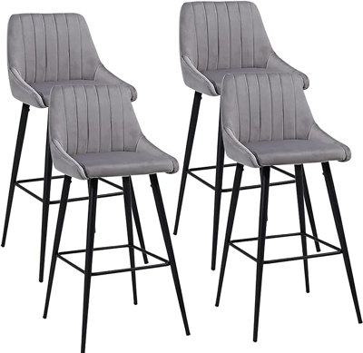 Bar Stools Set of 4 Light Grey Velvet - 23.6'' height, Black Steel ...