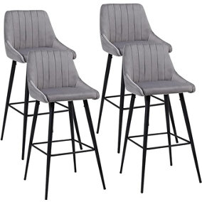 Bar Stools Set of 4 Light Grey Velvet - 23.6'' height, Black Steel Frame, Backrest, Footrest Base - Stylish Breakfast Bar Chairs