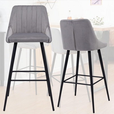 Bar Stools Set of 4 Light Grey Velvet - 23.6'' height, Black Steel Frame, Backrest, Footrest Base - Stylish Breakfast Bar Chairs