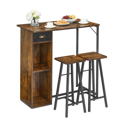 Bar Table Set 2 Stools Drawer Shelves Breakfast Table