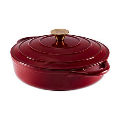 28cm Red Cast Iron Shallow Casserole Dish With Lid