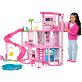 Barbie Dreamhouse, 3-Storey Barbie House with 10 Play Areas Including Pool, Slide, Elevator, 75 Doll Accessories, Toy Puppy