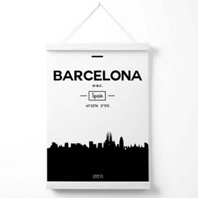 Barcelona Black and White City Skyline Poster with Hanger / 33cm / White