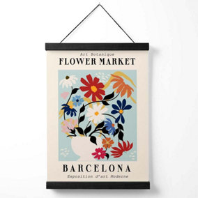 Barcelona Blue and Pink Flower Market Exhibition Medium Poster with Black Hanger