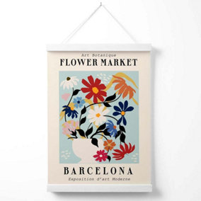 Barcelona Blue and Pink Flower Market Exhibition Poster with Hanger / 33cm / White