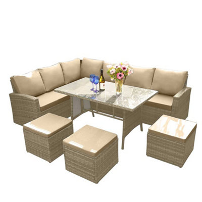 Barcelona Rattan 9 Seater Outdoor Corner Garden Dining Table Stool Sofa Set Natural DIY at B Q
