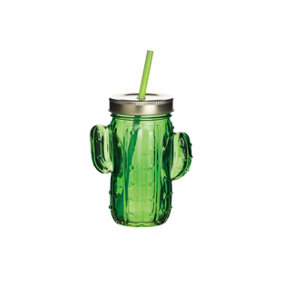 BarCraft Cactus Drinks Jar with Straw Green Glass