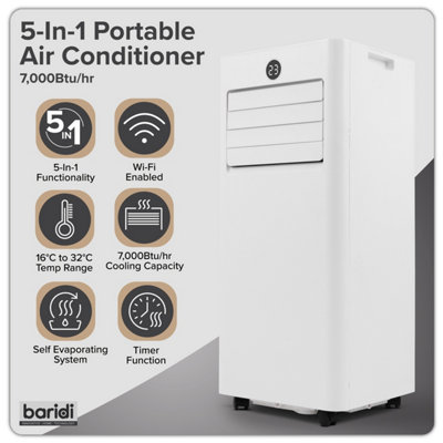 Baridi 5-in-1 Portable Air Conditioner 7,000Btu/hr with TUYA App, Wi-Fi ...