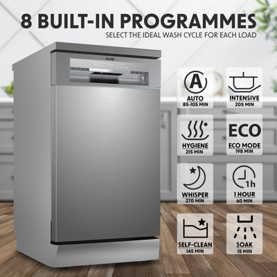 Baridi Slimline Freestanding Dishwasher 8 Programs & 5 Functions LED Silver - 8