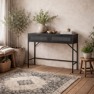 Barla Black Console Table with Reeded Glass Panels and 2 Drawers