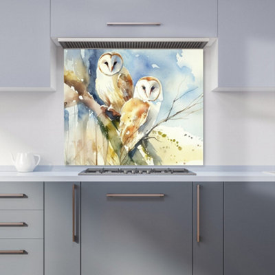 Barn Owls Watercolour Premium Glass Kitchen Splashback W600mm x H600mm