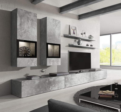 Baros 10 Contemporary Entertainment Media Unit 5 Doors Concrete Grey Effect & Black (W)2700mm (H)1520mm (D)410mm