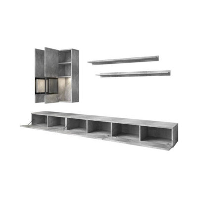 Baros 10 Contemporary Entertainment Media Unit 5 Doors Concrete Grey Effect & Black (W)2700mm (H)1520mm (D)410mm