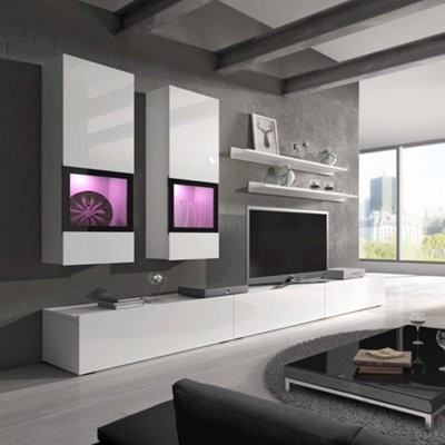 Baros 10 Entertainment Unit for TVs Up to 75" in White Gloss - W2700mm H260mm + 1000mm D410mm, Modern and Sophisticated